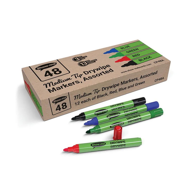 Show-me Drywipe Markers Medium Tip Slim Barrel Assorted (Pack of 48) CP48A
