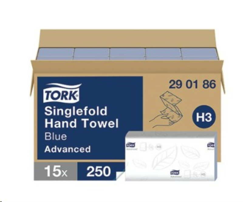 Tork Singlefold Hand Towels H3 Advanced Embossed 15x250 Sheets Blue (Pack of 3750) 290186